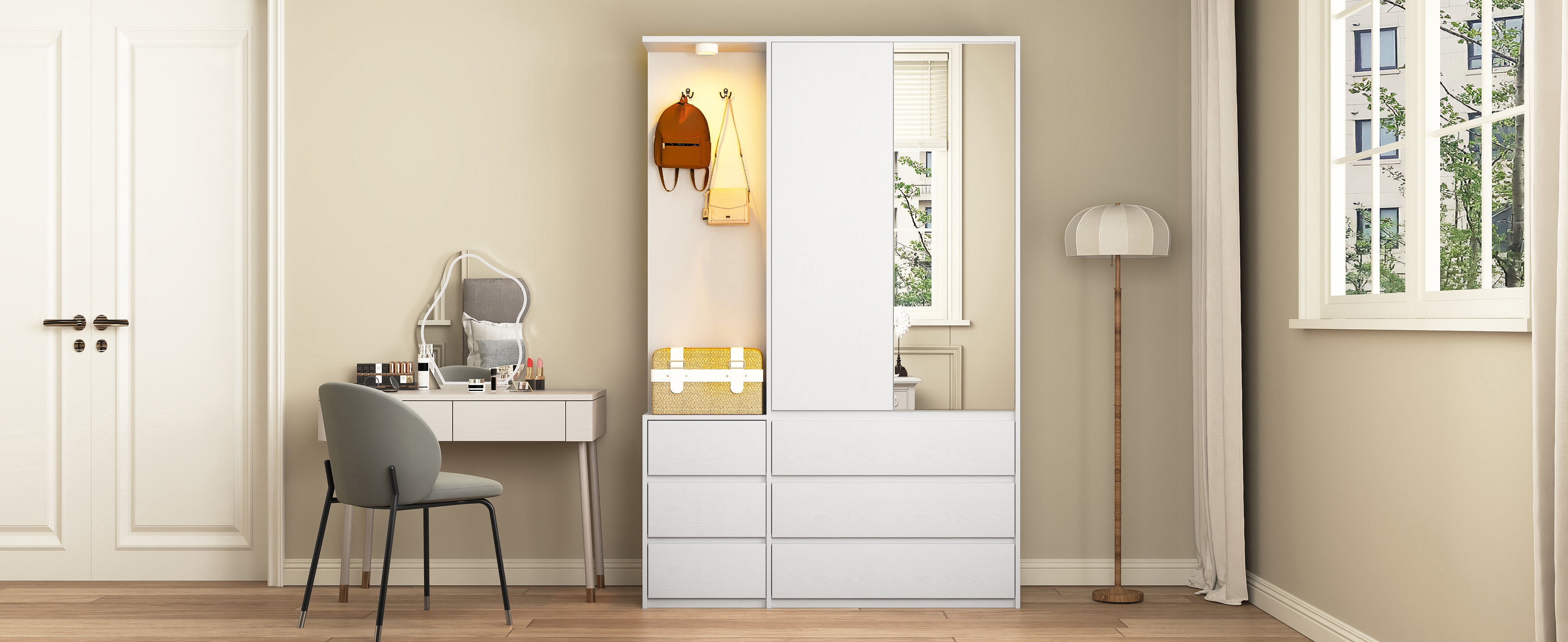 Wardrobe Closet 71.7" H, Bedroom Wooden Wardrobe with 2 Doors 6 Drawers, Modern Clothing Storage Cabinet Combination with Storage Shelves and Hanging Rail, White