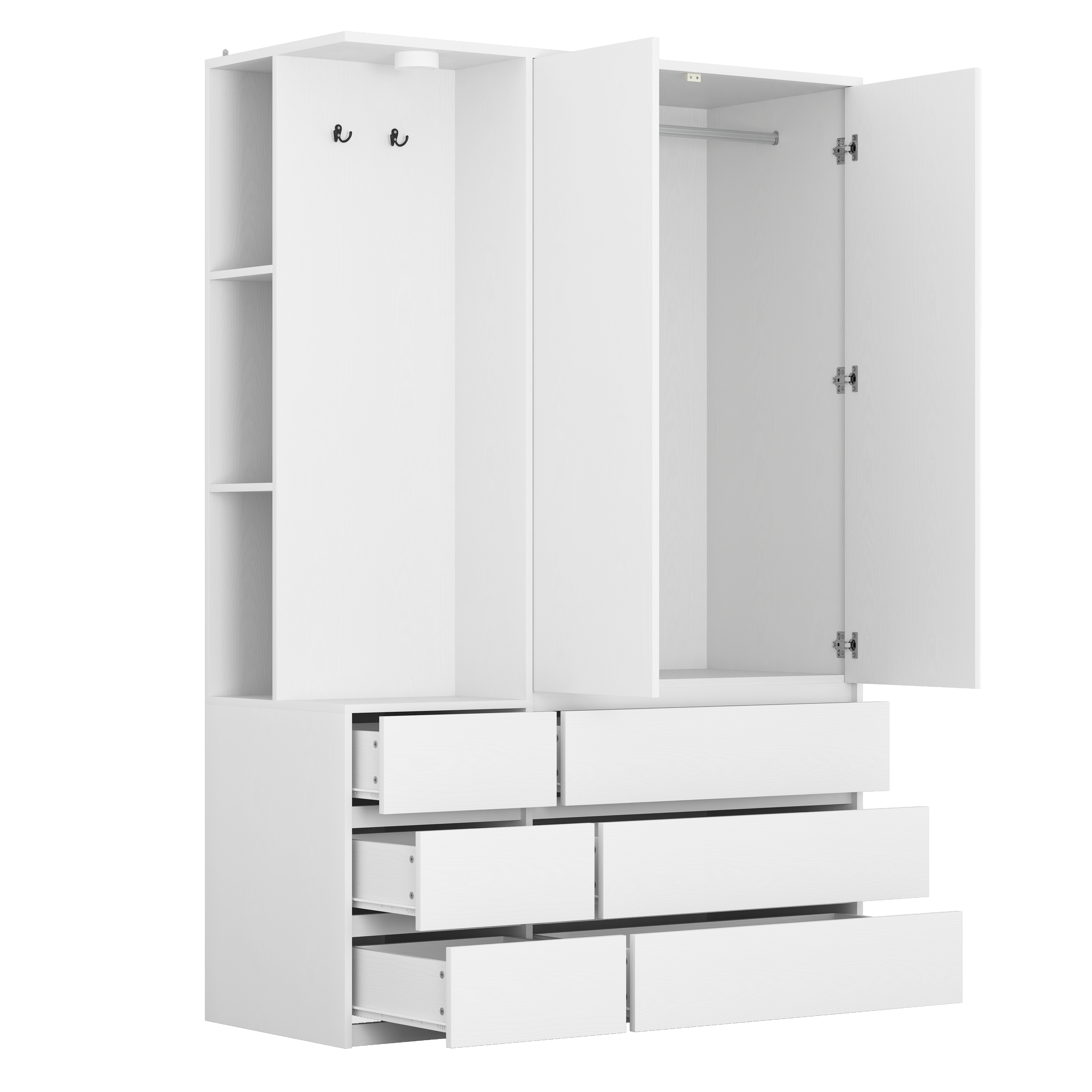 Wardrobe Closet 71.7" H, Bedroom Wooden Wardrobe with 2 Doors 6 Drawers, Modern Clothing Storage Cabinet Combination with Storage Shelves and Hanging Rail, White