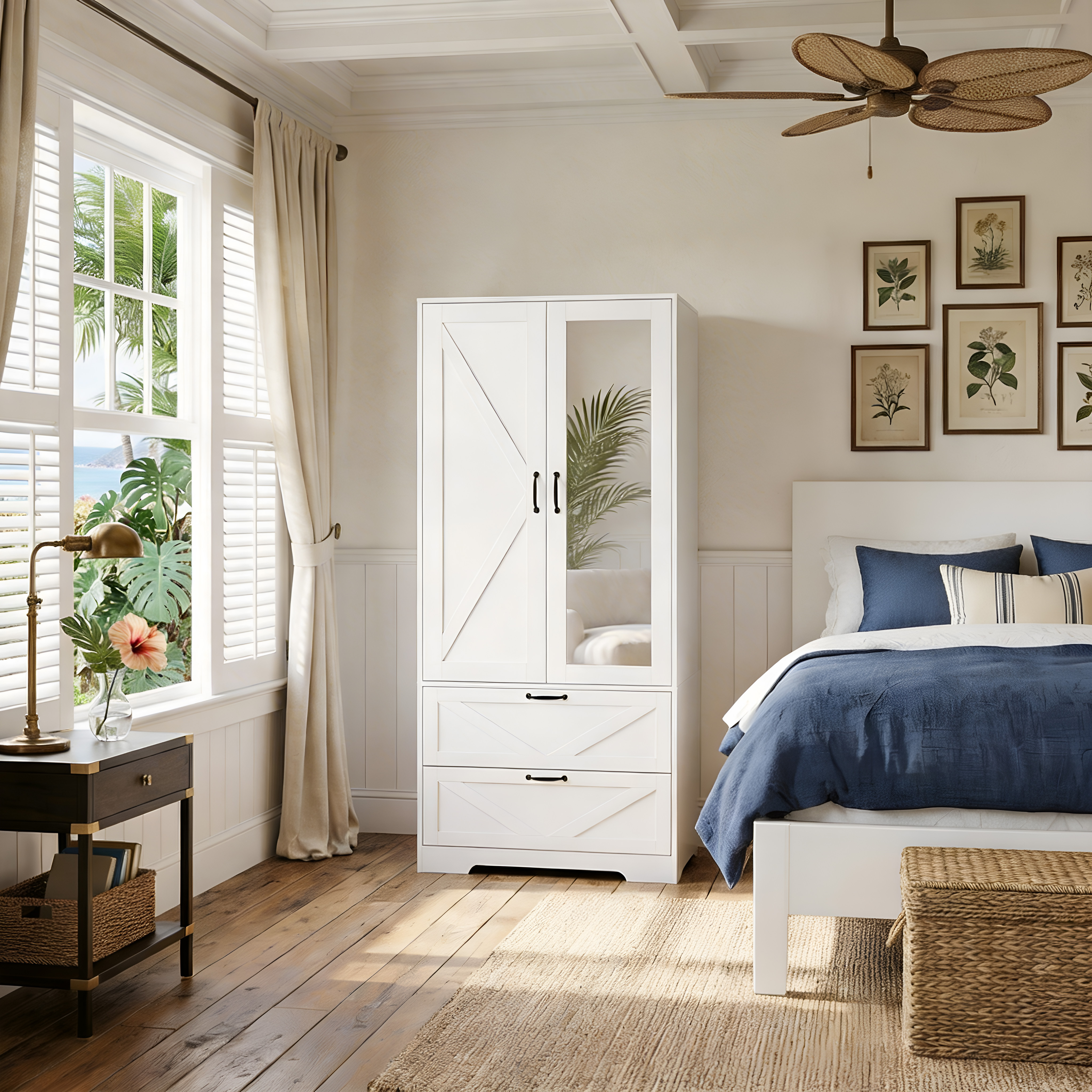 2 Door Wood Wardrobe for Bedroom with Hanging Clothing Rod inside the Cabinet and 2 Drawers for Storage Organization, Built-in induction light Multifunctional Closet with Mirror, White