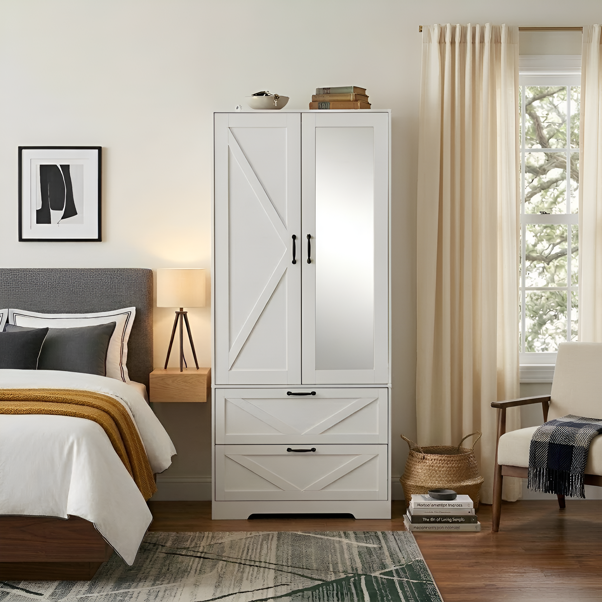 2 Door Wood Wardrobe for Bedroom with Hanging Clothing Rod inside the Cabinet and 2 Drawers for Storage Organization, Built-in induction light Multifunctional Closet with Mirror, White