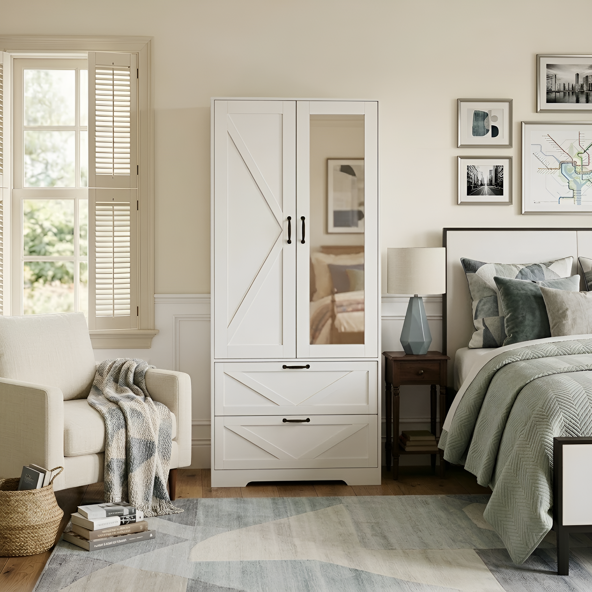 2 Door Wood Wardrobe for Bedroom with Hanging Clothing Rod inside the Cabinet and 2 Drawers for Storage Organization, Built-in induction light Multifunctional Closet with Mirror, White