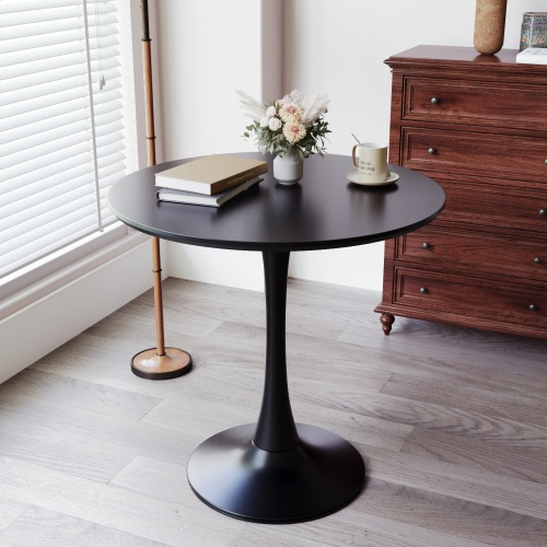 Black Round Table, Modern Dining Table, MDF Top and Steel Base Tulip Round Kitchen Table, Mid Century Coffee Table for Living Room 24 Inch, Kitchen Table, Oval Dining Table