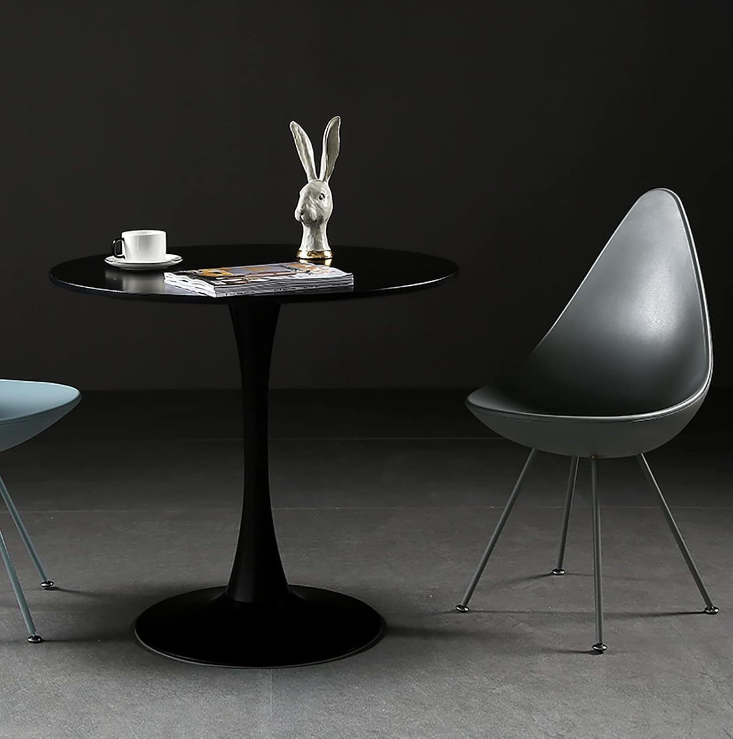 Black Round Table, Modern Dining Table, MDF Top and Steel Base Tulip Round Kitchen Table, Mid Century Coffee Table for Living Room 24 Inch, Kitchen Table, Oval Dining Table