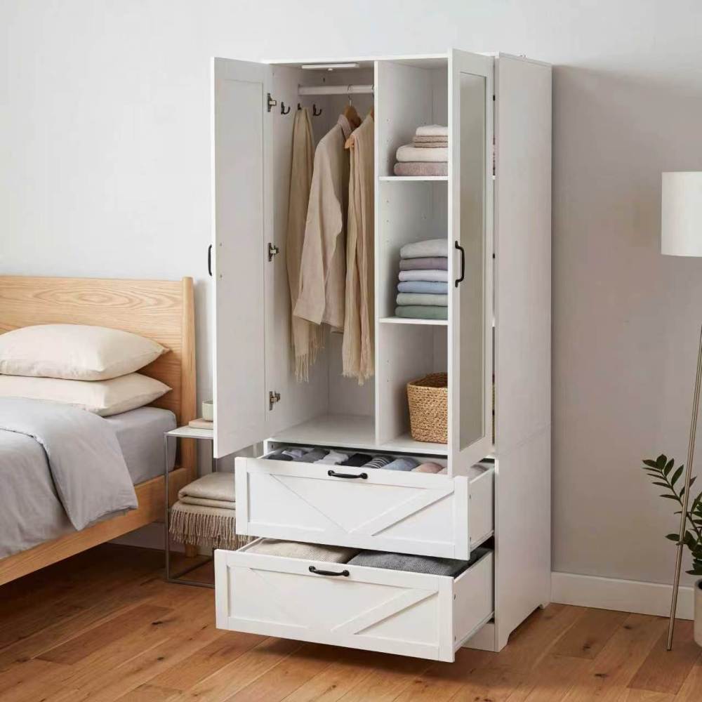 2 Door Wood Wardrobe for Bedroom with Hanging Clothing Rod inside the Cabinet and 2 Drawers for Storage Organization, Built-in induction light Multifunctional Closet with Mirror, White