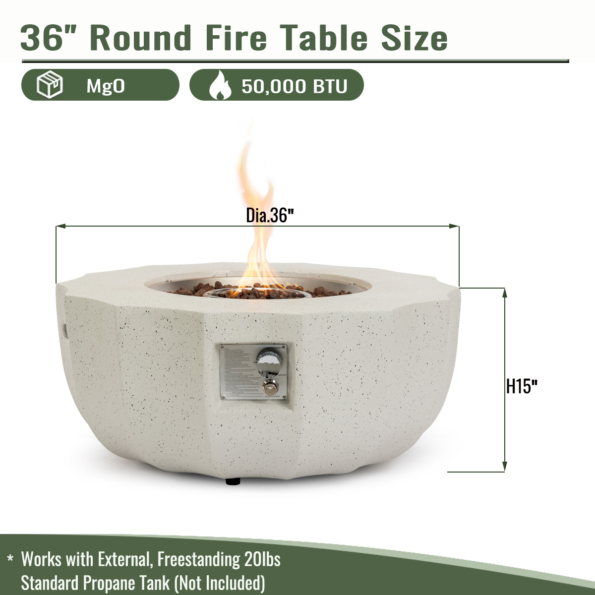 36" Propane Gas Fire Pit Table, 50000 BTU Round Concrete Fire Pit for Outside Patio Deck Garden Backyard- Beige