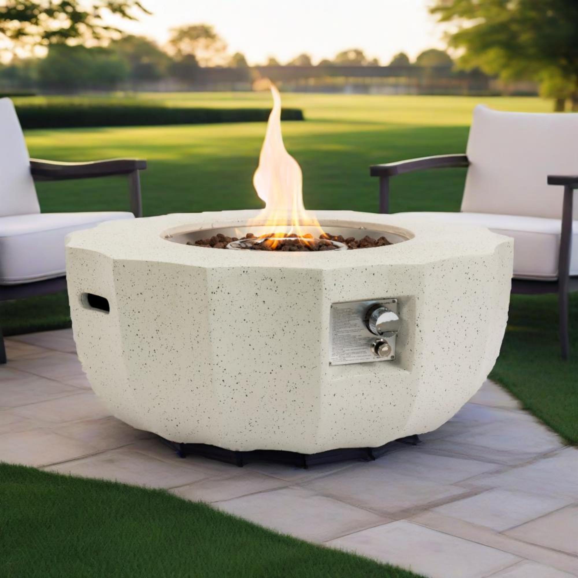 36" Propane Gas Fire Pit Table, 50000 BTU Round Concrete Fire Pit for Outside Patio Deck Garden Backyard- Beige