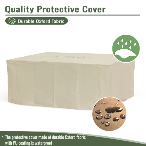 32" Propane Gas Fire Pit Table with Propane Tank Cover 2-Pieces, 50000 BTU Rectangular Steel Fire Pit with Beautiful Wicker Base for Outside Garden-Beige