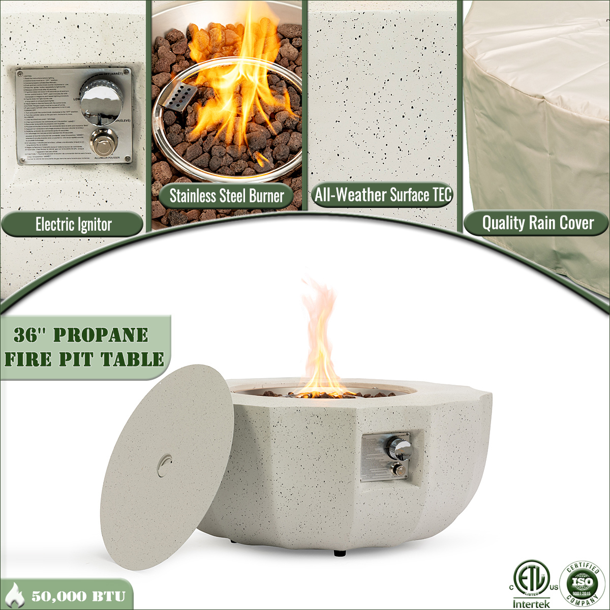 36" Propane Gas Fire Pit Table, 50000 BTU Round Concrete Fire Pit for Outside Patio Deck Garden Backyard- Beige