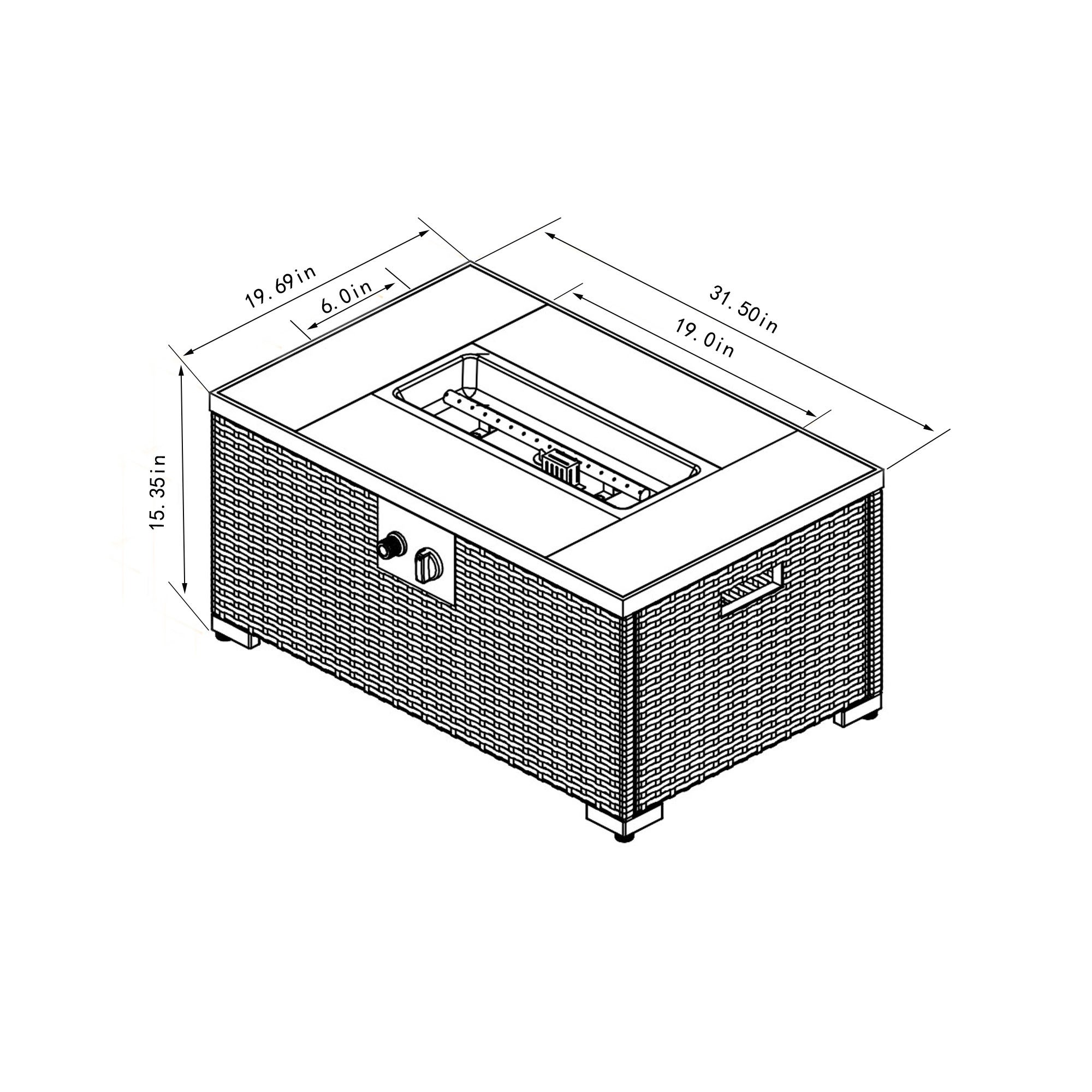 32" Propane Gas Fire Pit Table with Propane Tank Cover 2-Pieces, 50000 BTU Rectangular Steel Fire Pit with Beautiful Wicker Base for Outside Garden-Beige