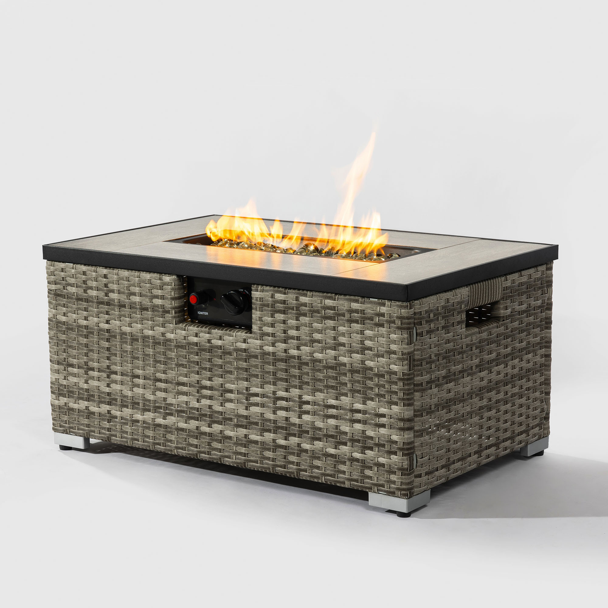 32" Propane Gas Fire Pit Table with Propane Tank Cover 2-Pieces, 50000 BTU Rectangular Steel Fire Pit with Beautiful Wicker Base for Outside Garden-Beige