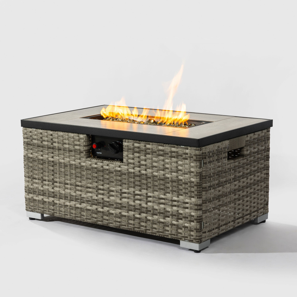 32" Propane Gas Fire Pit Table with Propane Tank Cover 2-Pieces, 50000 BTU Rectangular Steel Fire Pit with Beautiful Wicker Base for Outside Garden-Beige