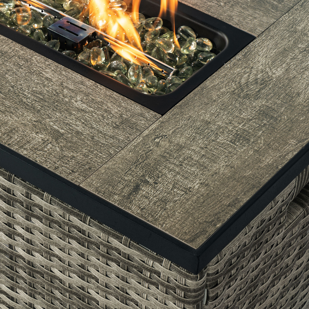 32" Propane Gas Fire Pit Table with Propane Tank Cover 2-Pieces, 50000 BTU Rectangular Steel Fire Pit with Beautiful Wicker Base for Outside Garden-Beige