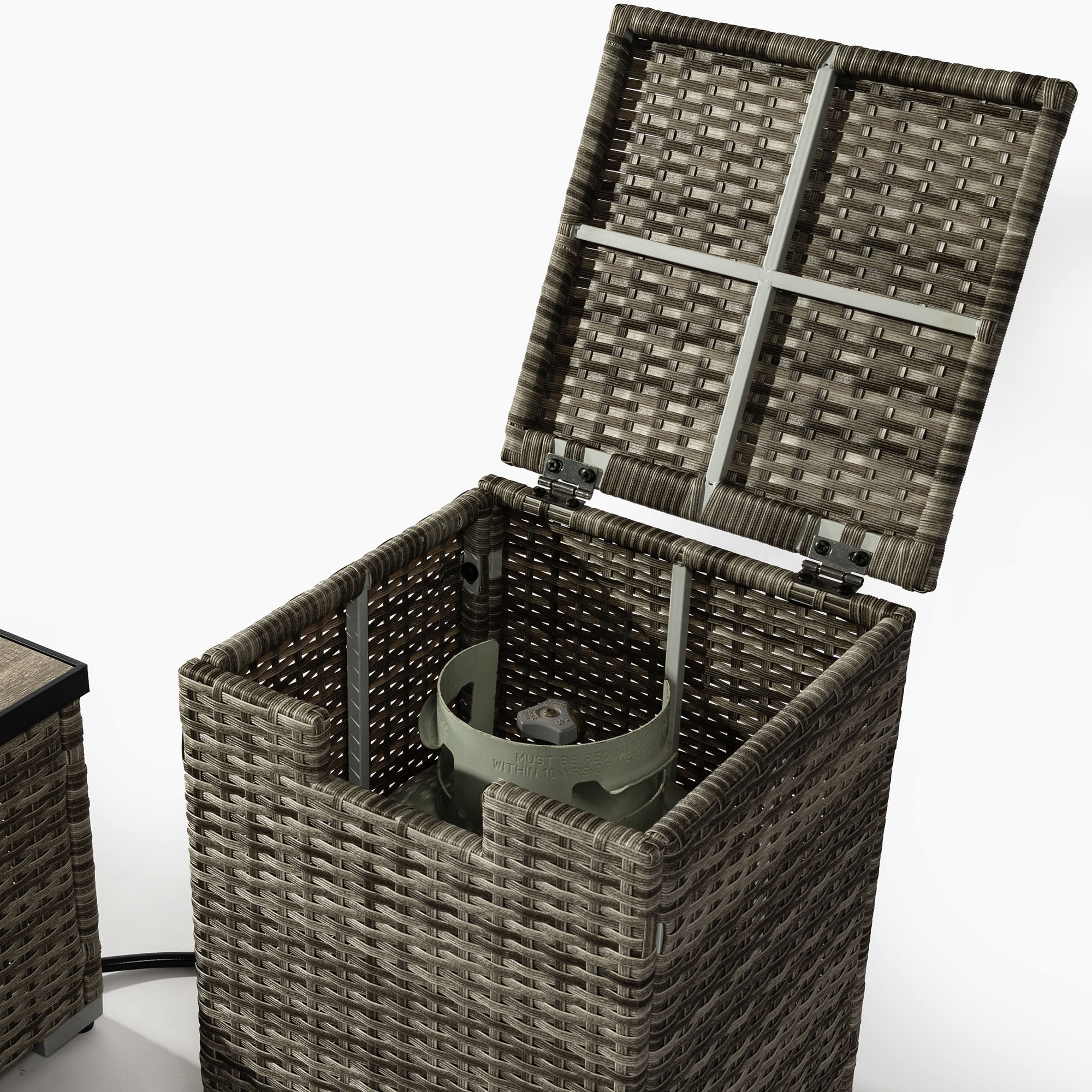 32" Propane Gas Fire Pit Table with Propane Tank Cover 2-Pieces, 50000 BTU Rectangular Steel Fire Pit with Beautiful Wicker Base for Outside Garden-Beige