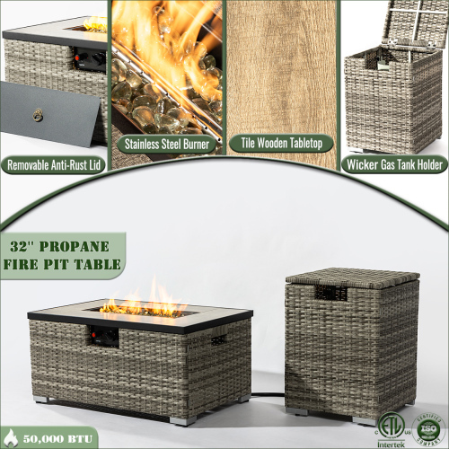 32" Propane Gas Fire Pit Table with Propane Tank Cover 2-Pieces, 50000 BTU Rectangular Steel Fire Pit with Beautiful Wicker Base for Outside Garden-Beige