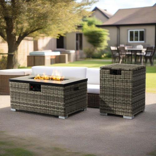 32" Propane Gas Fire Pit Table with Propane Tank Cover 2-Pieces, 50000 BTU Rectangular Steel Fire Pit with Beautiful Wicker Base for Outside Garden-Beige
