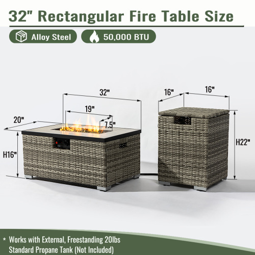 32" Propane Gas Fire Pit Table with Propane Tank Cover 2-Pieces, 50000 BTU Rectangular Steel Fire Pit with Beautiful Wicker Base for Outside Garden-Beige