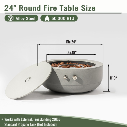 24" Propane Gas Fire Pit Bowl, 50000 BTU Round Steel Fire Pit for Outside Patio Deck Garden Backyard- Grey