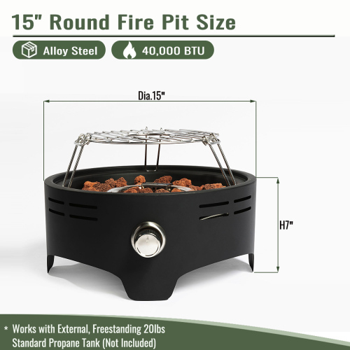 (Old SKU: W853135526) 15" Propane Tabletop Gas Fire Pit, 40000 BTU Round Steel Fire Pit For Outdoor Living Room Garden Balcony -Black