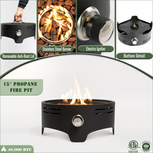 (Old SKU: W853135526) 15" Propane Tabletop Gas Fire Pit, 40000 BTU Round Steel Fire Pit For Outdoor Living Room Garden Balcony -Black
