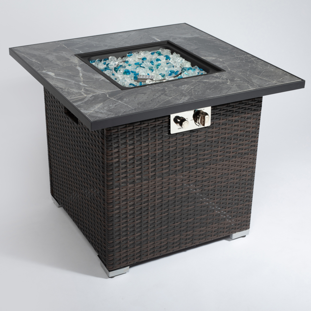 30" Propane Gas Fire Pit Table, 50000 BTU Square Fire Pit, Tile Tabletop with Beautiful Wicker Base for Outside Patio Deck Garden Courtyard-Brown