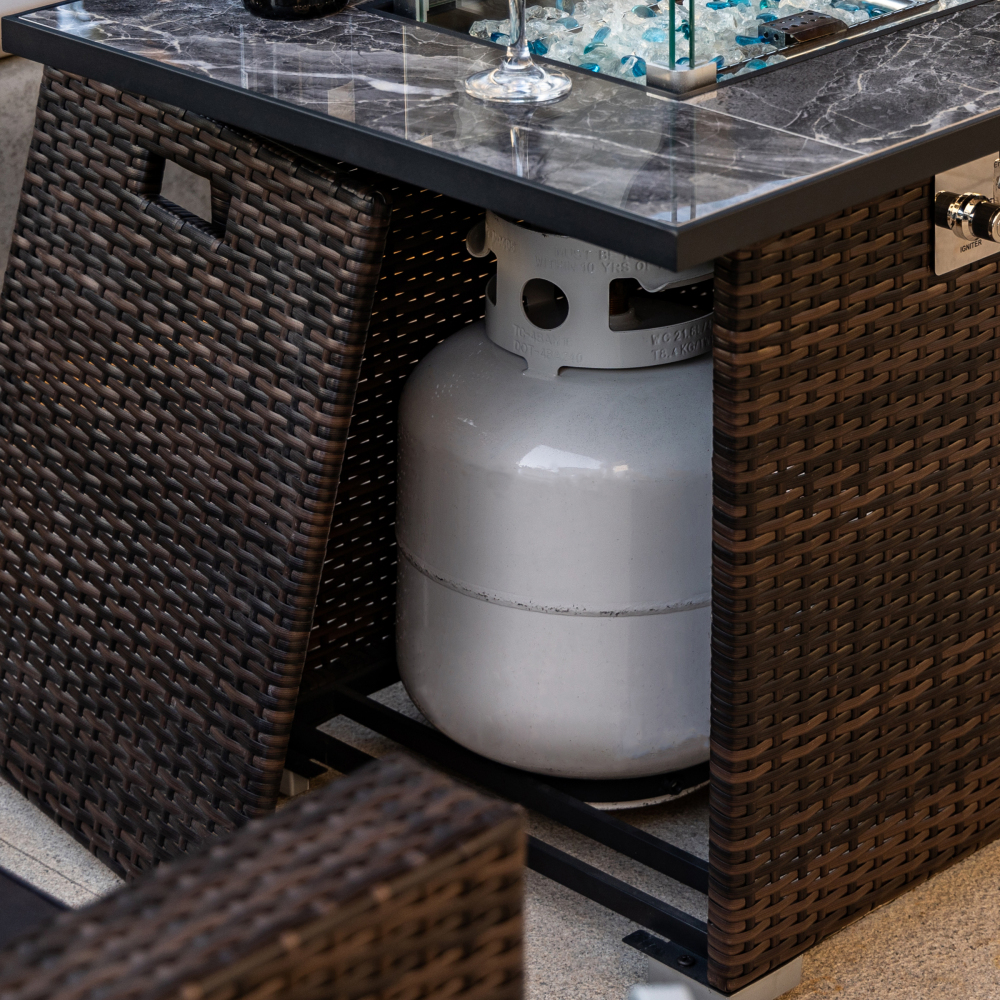 30" Propane Gas Fire Pit Table, 50000 BTU Square Fire Pit, Tile Tabletop with Beautiful Wicker Base for Outside Patio Deck Garden Courtyard-Brown