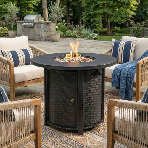 30" Propane Gas Fire Pit Table, 50000 BTU Round Steel Fire Pit for Outside Patio Deck Garden Courtyard-Black