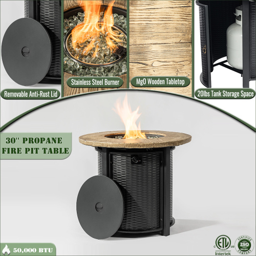 30" Propane Gas Fire Pit Table, 50000 BTU Round Steel Fire Pit with Imitation Wood Grain Finish for Outside Patio Deck Garden Backyard- Black