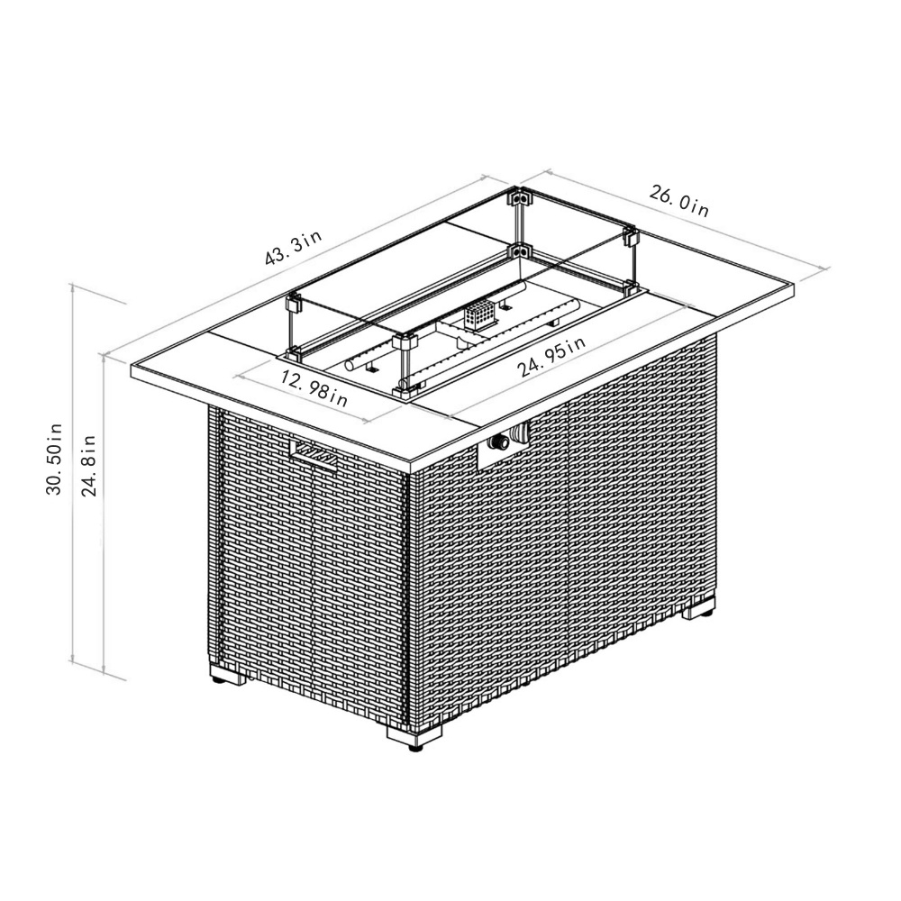 44" Propane Gas Fire Pit Table, 50000 BTU Rectangular Fire Pit, Tile Tabletop with Beautiful Wicker Base for Outside Patio Deck Garden Courtyard-Brown
