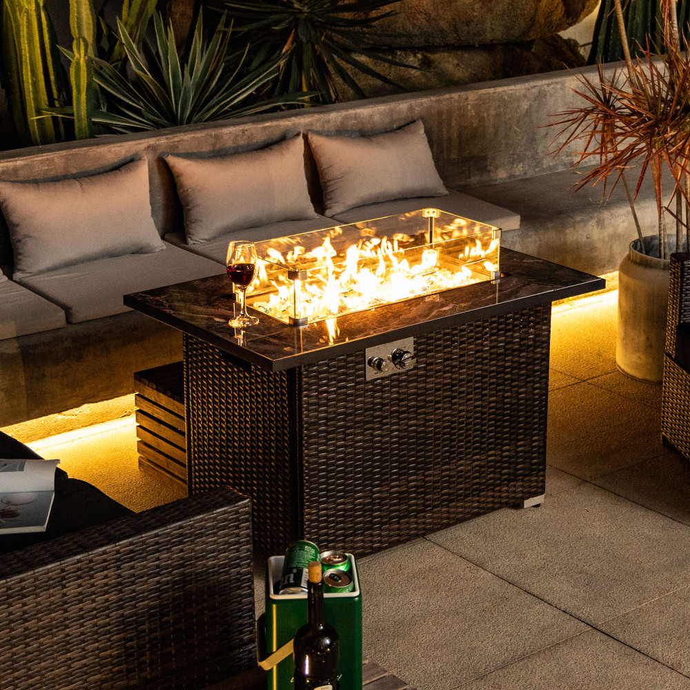 44" Propane Gas Fire Pit Table, 50000 BTU Rectangular Fire Pit, Tile Tabletop with Beautiful Wicker Base for Outside Patio Deck Garden Courtyard-Brown