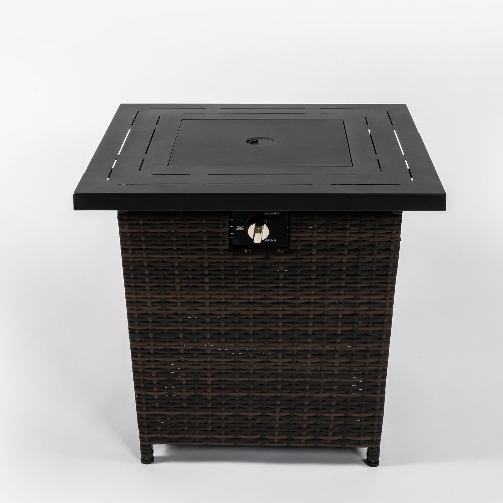 28" Propane Gas Fire Pit Table, 50000 BTU Square Steel Fire Pit with Beautiful Wicker Base for Outside Patio Deck Garden Backyard-Black