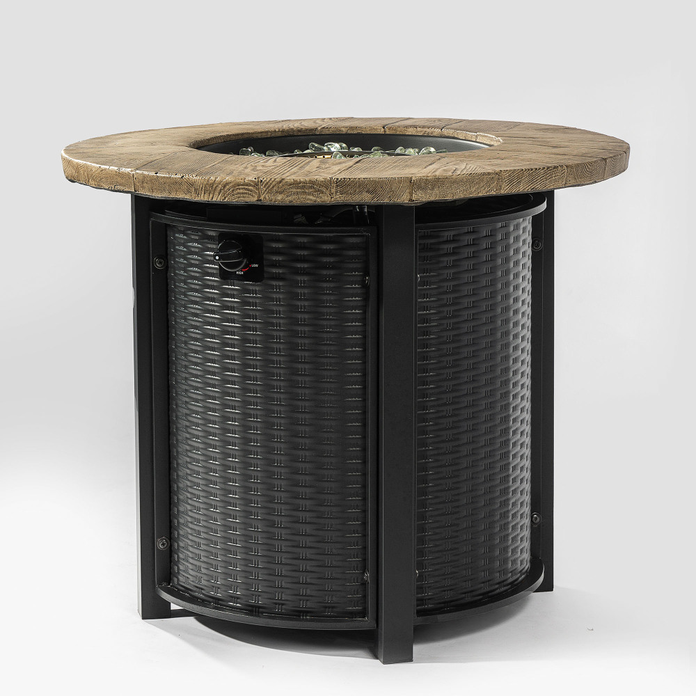 30" Propane Gas Fire Pit Table, 50000 BTU Round Steel Fire Pit with Imitation Wood Grain Finish for Outside Patio Deck Garden Backyard- Black