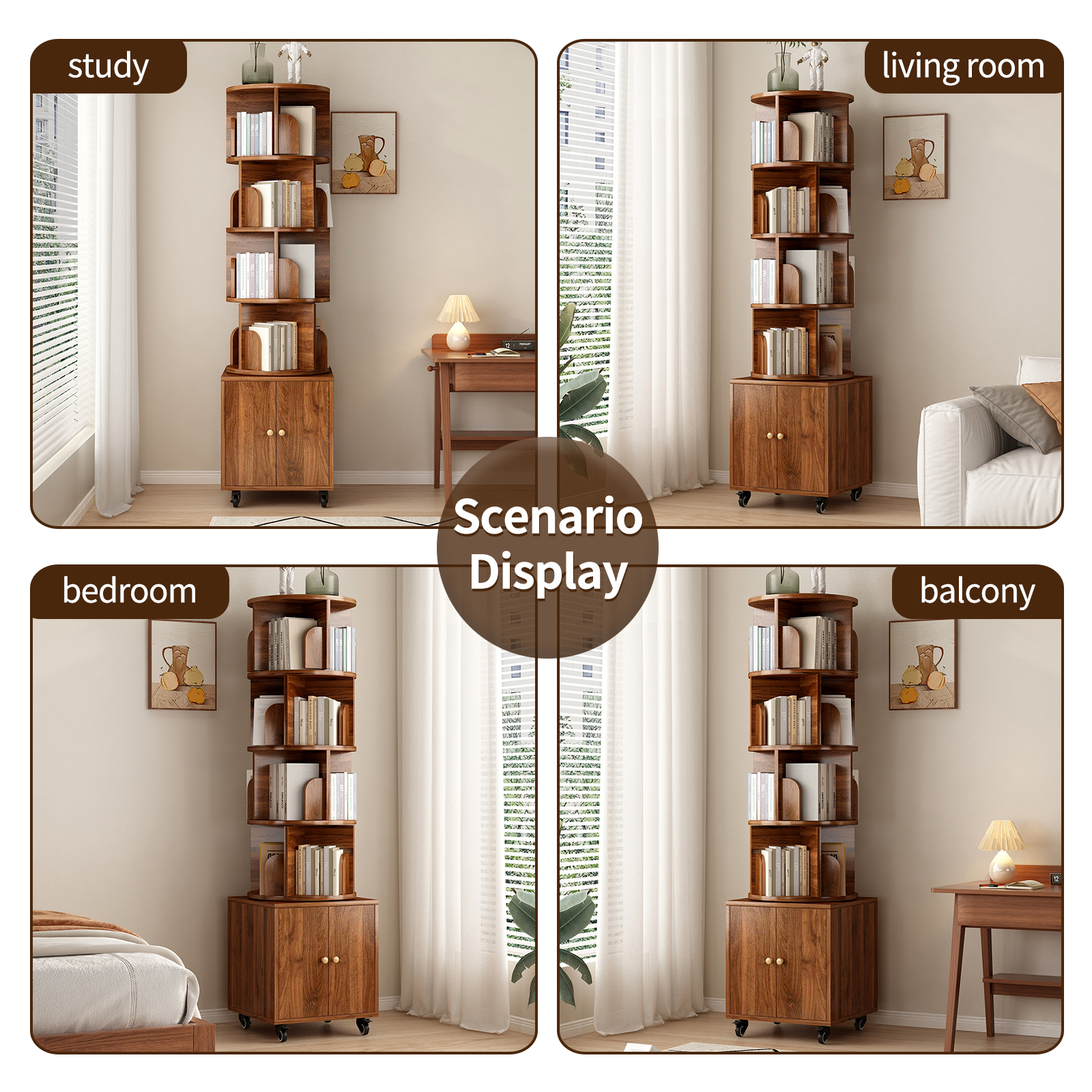 Rotating Bookshelf with Drawer, 360 Display 5 Tier Corner Bookshelf for Small Space, Floor Standing Bookcase Storage Rack, Wood Narrow Organizer for Bedroom, Living Room (WALNUT)