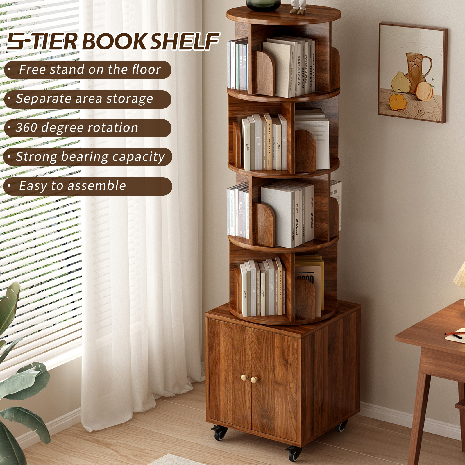 Rotating Bookshelf with Drawer, 360 Display 5 Tier Corner Bookshelf for Small Space, Floor Standing Bookcase Storage Rack, Wood Narrow Organizer for Bedroom, Living Room (WALNUT)