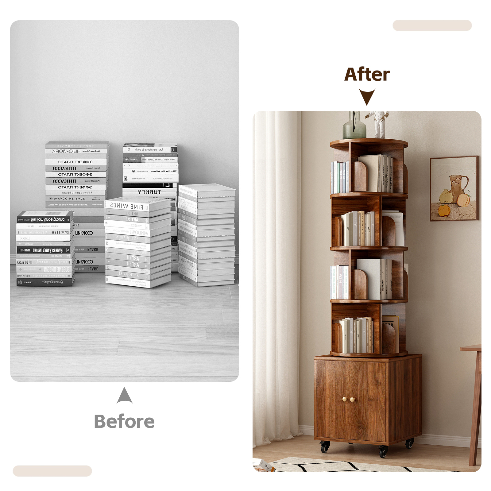 Rotating Bookshelf with Drawer, 360 Display 5 Tier Corner Bookshelf for Small Space, Floor Standing Bookcase Storage Rack, Wood Narrow Organizer for Bedroom, Living Room (WALNUT)