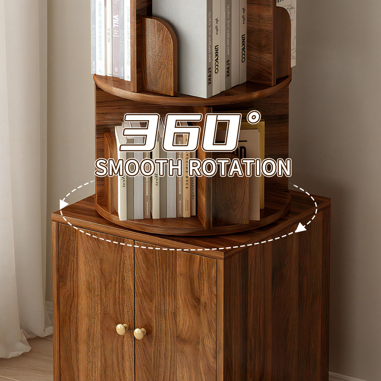 Rotating Bookshelf with Drawer, 360 Display 5 Tier Corner Bookshelf for Small Space, Floor Standing Bookcase Storage Rack, Wood Narrow Organizer for Bedroom, Living Room (WALNUT)