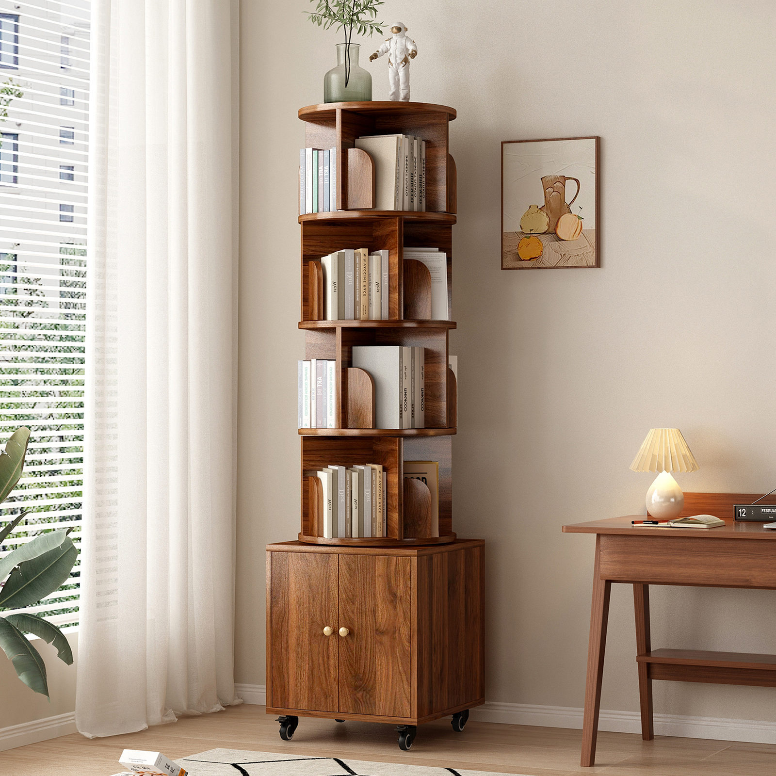 Rotating Bookshelf with Drawer, 360 Display 5 Tier Corner Bookshelf for Small Space, Floor Standing Bookcase Storage Rack, Wood Narrow Organizer for Bedroom, Living Room (WALNUT)