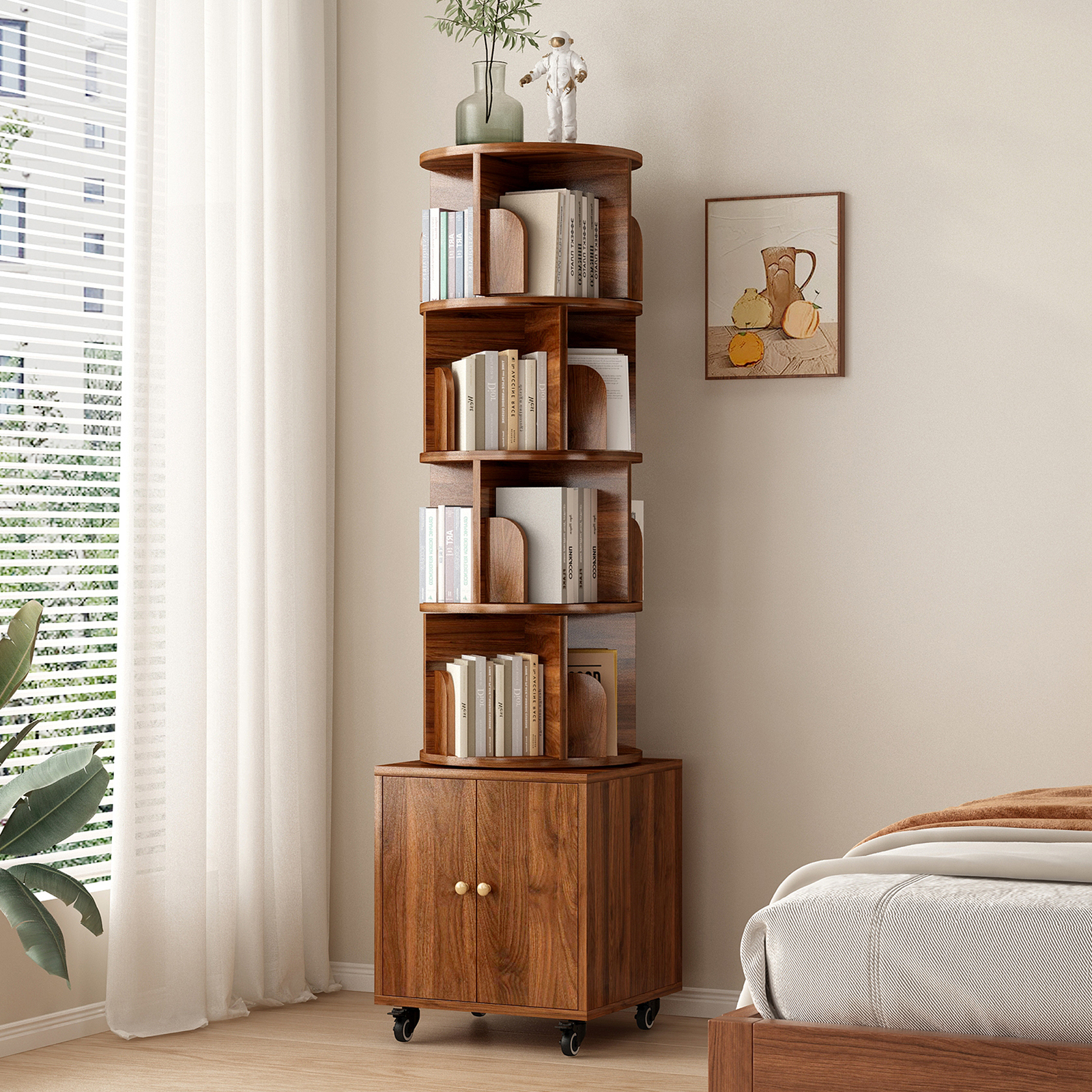 Rotating Bookshelf with Drawer, 360 Display 5 Tier Corner Bookshelf for Small Space, Floor Standing Bookcase Storage Rack, Wood Narrow Organizer for Bedroom, Living Room (WALNUT)