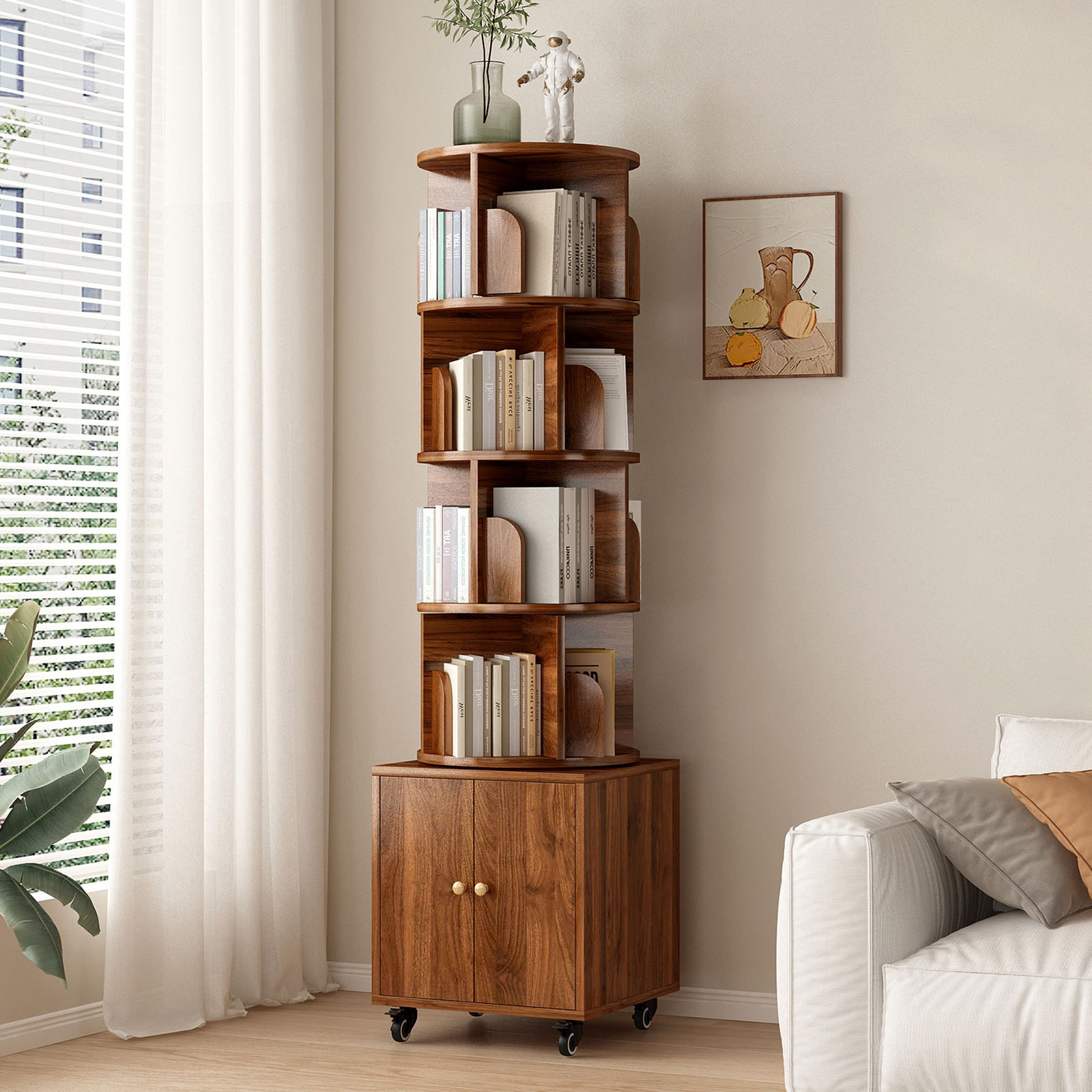 Rotating Bookshelf with Drawer, 360 Display 5 Tier Corner Bookshelf for Small Space, Floor Standing Bookcase Storage Rack, Wood Narrow Organizer for Bedroom, Living Room (WALNUT)
