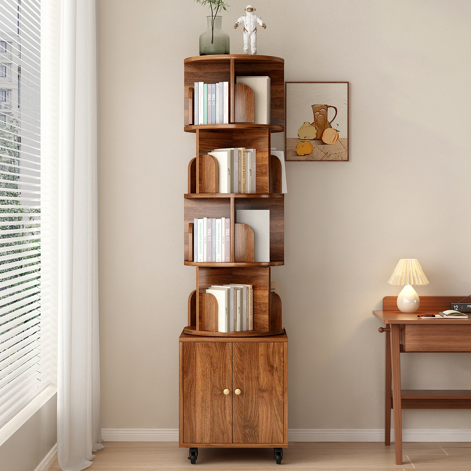Rotating Bookshelf with Drawer, 360 Display 5 Tier Corner Bookshelf for Small Space, Floor Standing Bookcase Storage Rack, Wood Narrow Organizer for Bedroom, Living Room (WALNUT)