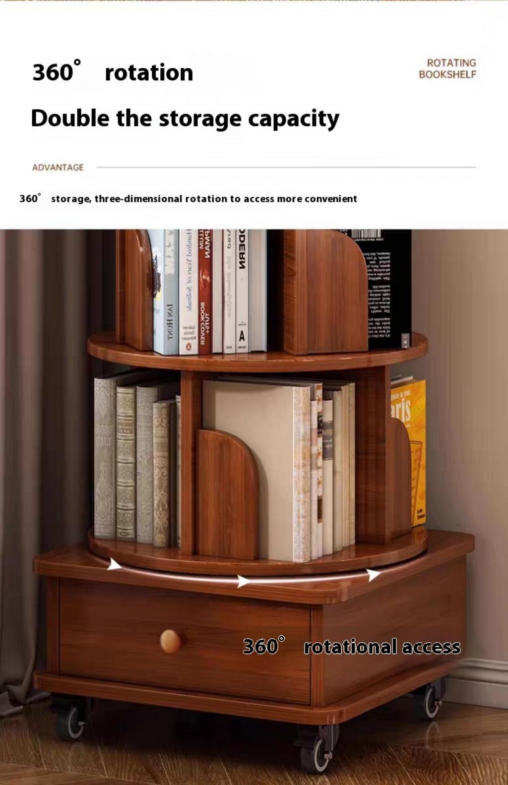 Rotating Bookshelf with Drawer, 360 Display 5 Tier Corner Bookshelf for Small Space, Floor Standing Bookcase Storage Rack, Wood Narrow Organizer for Bedroom, Living Room (WALNUT)