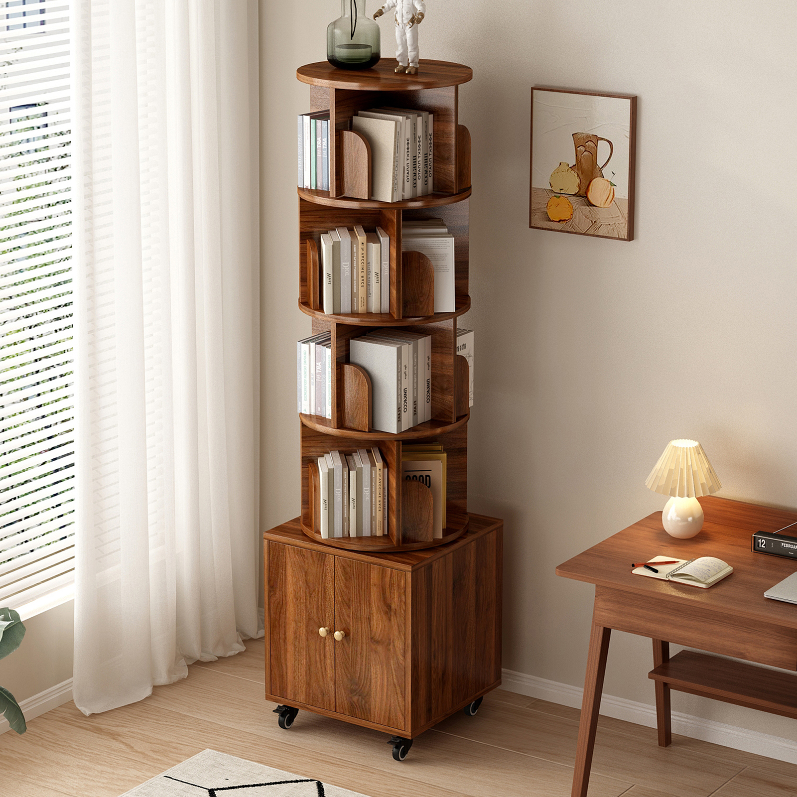 Rotating Bookshelf with Drawer, 360 Display 5 Tier Corner Bookshelf for Small Space, Floor Standing Bookcase Storage Rack, Wood Narrow Organizer for Bedroom, Living Room (WALNUT)