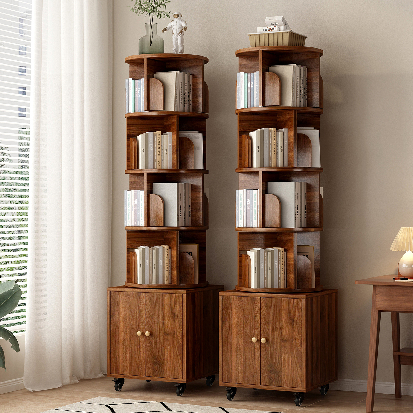 Rotating Bookshelf with Drawer, 360 Display 5 Tier Corner Bookshelf for Small Space, Floor Standing Bookcase Storage Rack, Wood Narrow Organizer for Bedroom, Living Room (WALNUT)