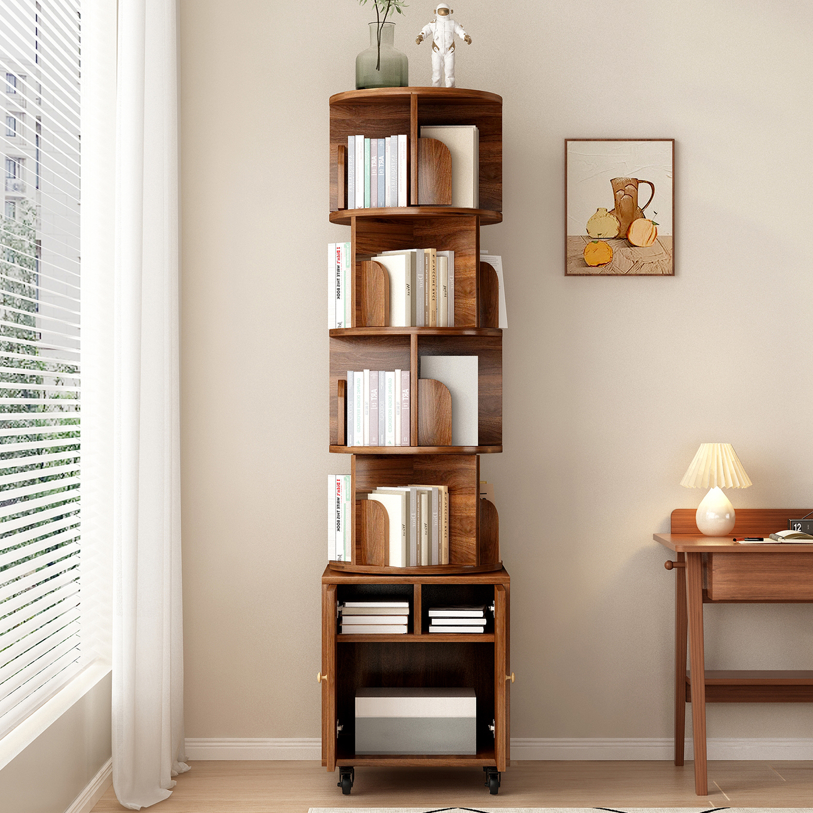 Rotating Bookshelf with Drawer, 360 Display 5 Tier Corner Bookshelf for Small Space, Floor Standing Bookcase Storage Rack, Wood Narrow Organizer for Bedroom, Living Room (WALNUT)
