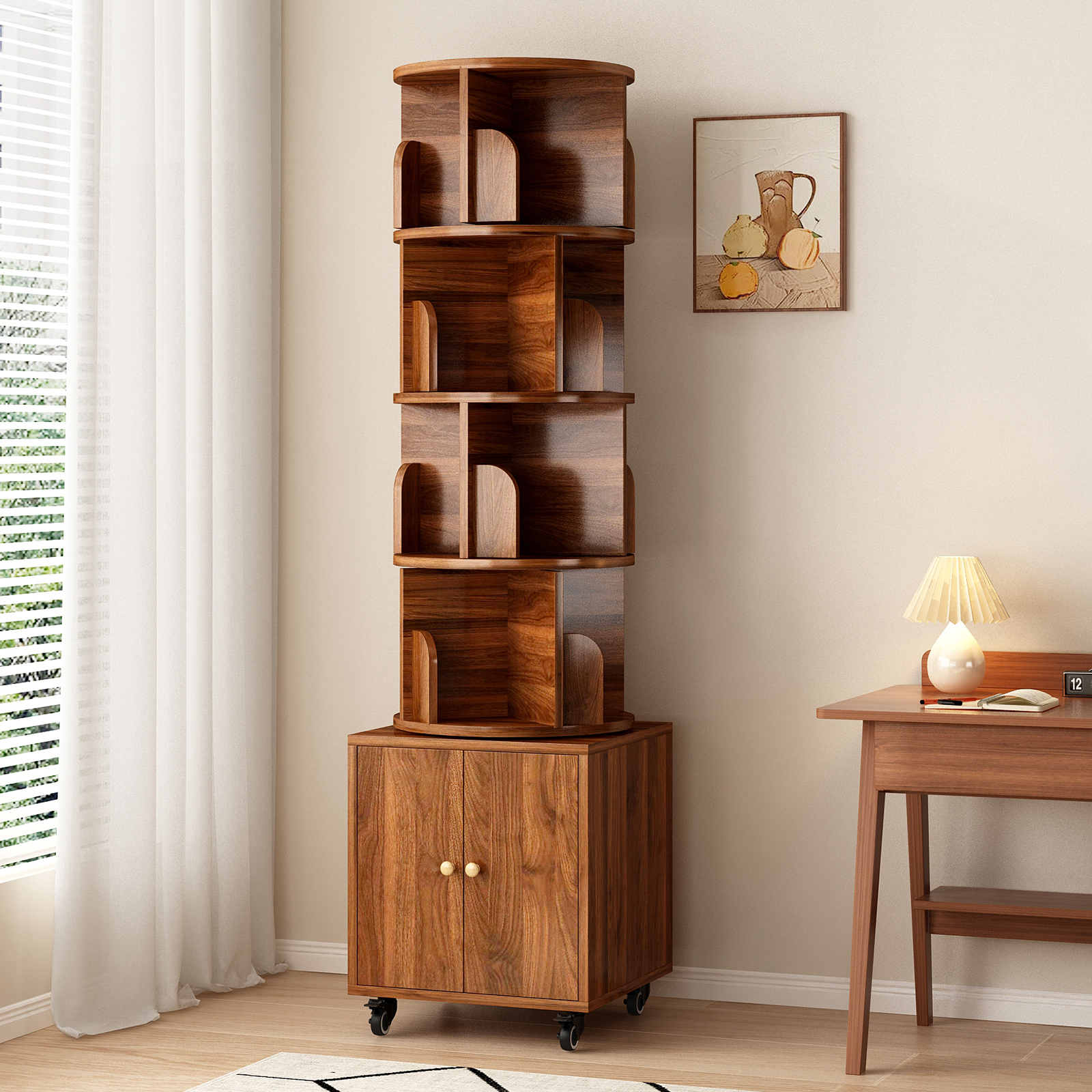 Rotating Bookshelf with Drawer, 360 Display 5 Tier Corner Bookshelf for Small Space, Floor Standing Bookcase Storage Rack, Wood Narrow Organizer for Bedroom, Living Room (WALNUT)