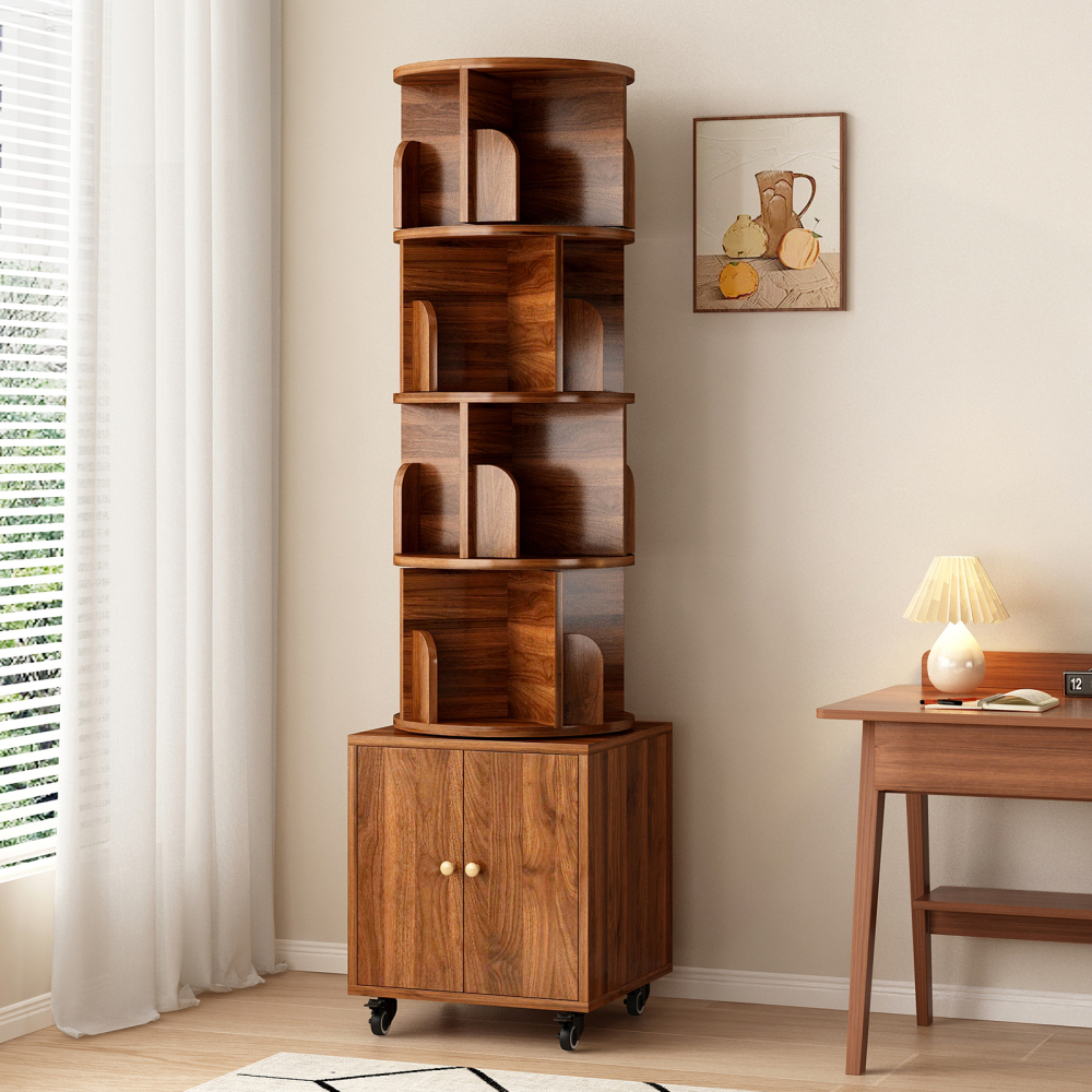 Rotating Bookshelf with Drawer, 360 Display 5 Tier Corner Bookshelf for Small Space, Floor Standing Bookcase Storage Rack, Wood Narrow Organizer for Bedroom, Living Room (WALNUT)
