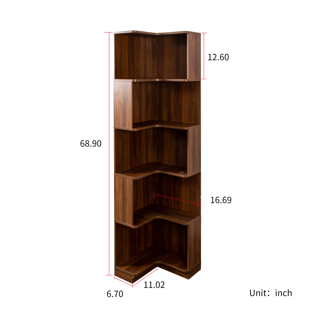 Corner Book Shelf - 5 Tier Corner Bookshelf Bookcase with Baffle, Freestanding L Shaped Display Shelf Stand with led lights for Home Office, Living Room, Bedroom, Kitchen