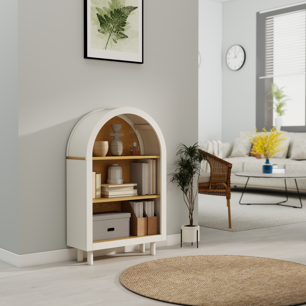 Arched Small Bookcase,Arched Storage Cabinet,Wooden Modern Arched Top Bookshelf with 3 Shelves,White with Woodgrain Shelves, 3-Tier Storage Shelf for Living Room, Bedroom, Entryway