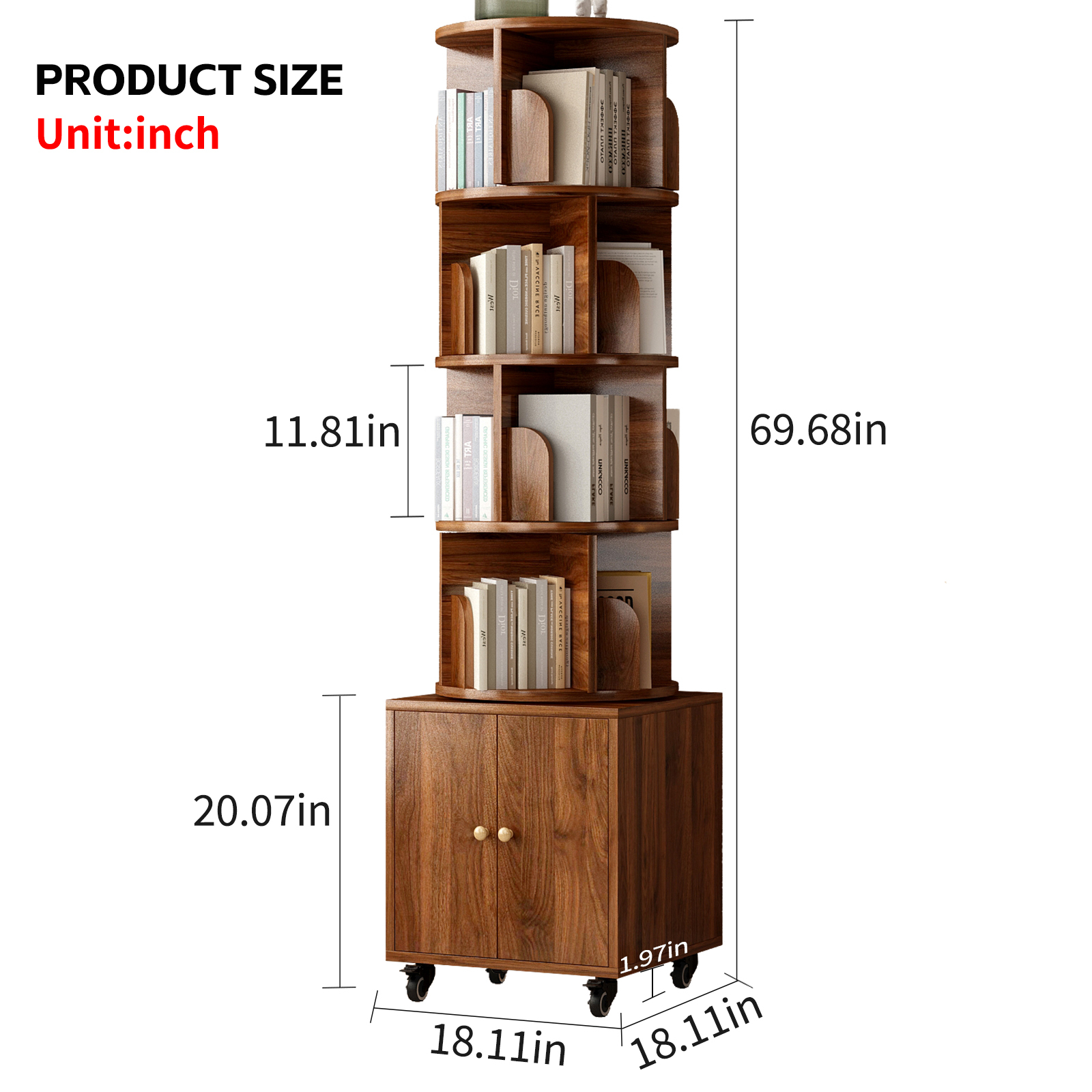 Rotating Bookshelf with Drawer, 360 Display 5 Tier Corner Bookshelf for Small Space, Floor Standing Bookcase Storage Rack, Wood Narrow Organizer for Bedroom, Living Room (WALNUT)