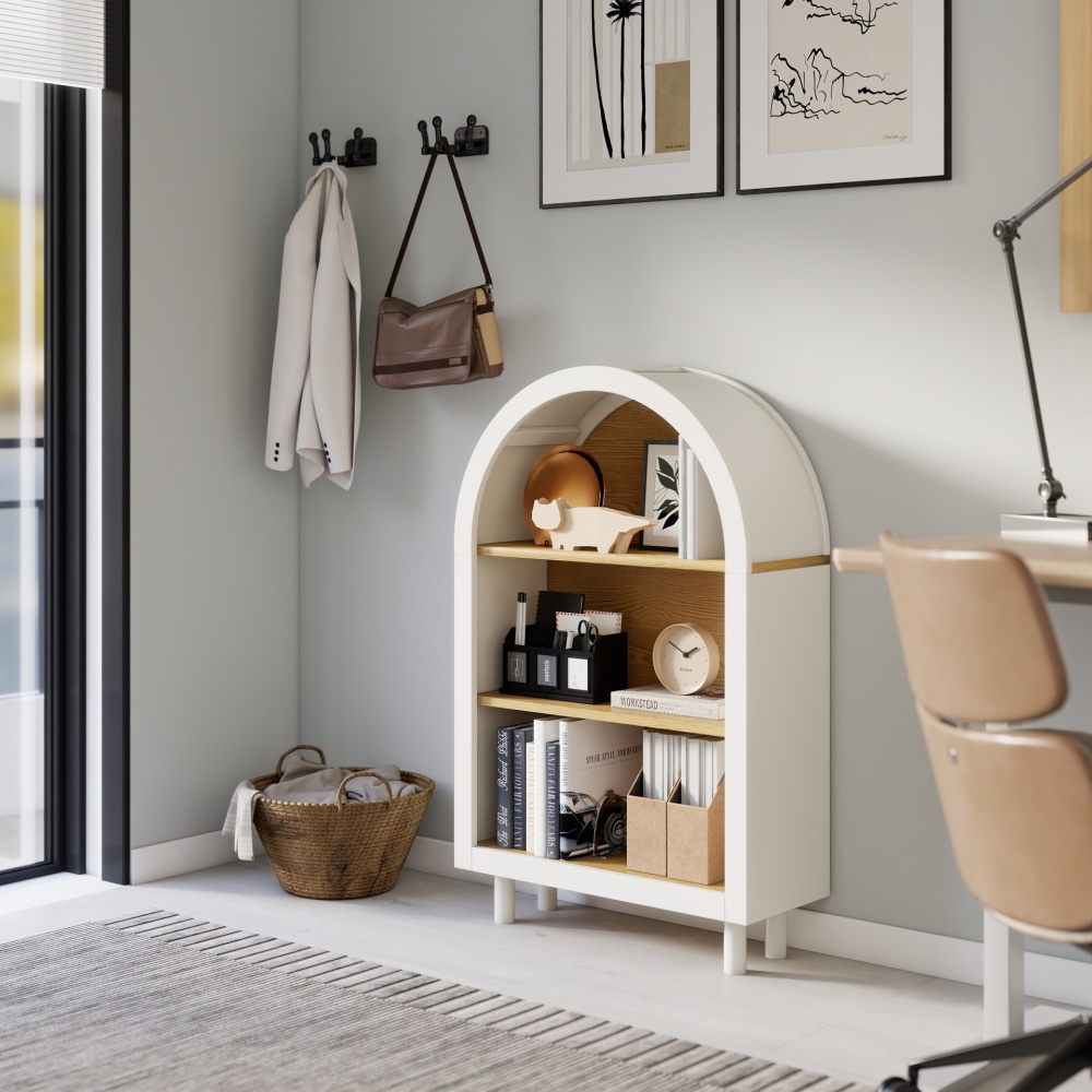 Arched Small Bookcase,Arched Storage Cabinet,Wooden Modern Arched Top Bookshelf with 3 Shelves,White with Woodgrain Shelves, 3-Tier Storage Shelf for Living Room, Bedroom, Entryway