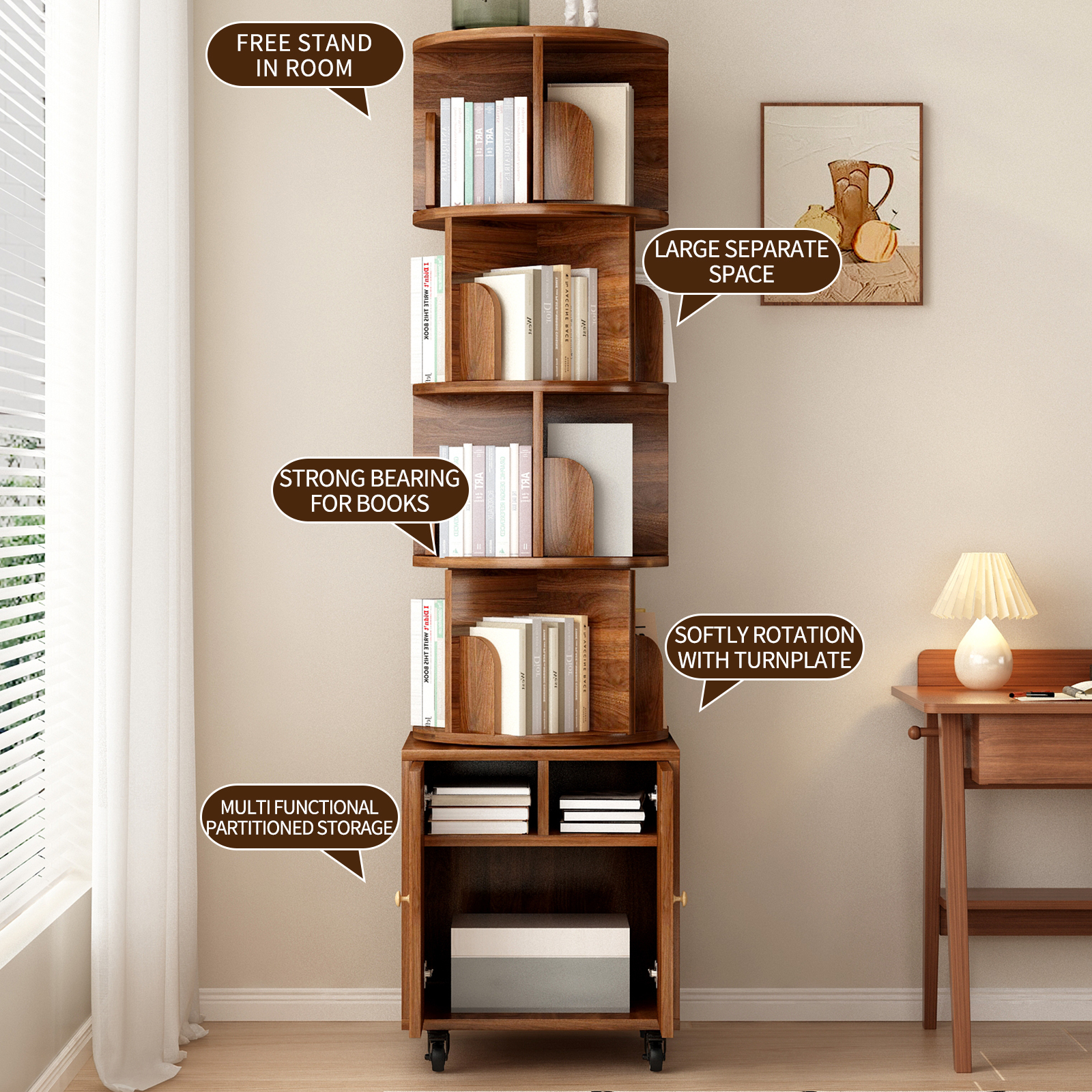 Rotating Bookshelf with Drawer, 360 Display 5 Tier Corner Bookshelf for Small Space, Floor Standing Bookcase Storage Rack, Wood Narrow Organizer for Bedroom, Living Room (WALNUT)